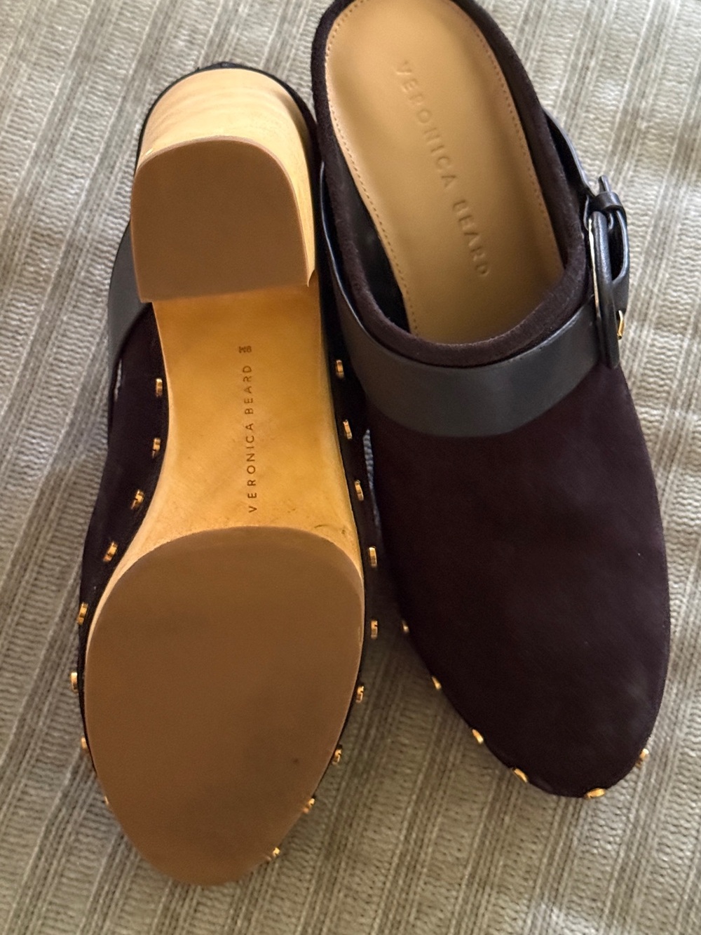Veronica Beard Dark Brown Suede Mule with Leather Buckle Strap
